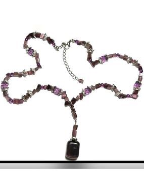 Vintage Necklace Glass Purple Bead Chip Silver Tone Rock Dangle 17'-20'